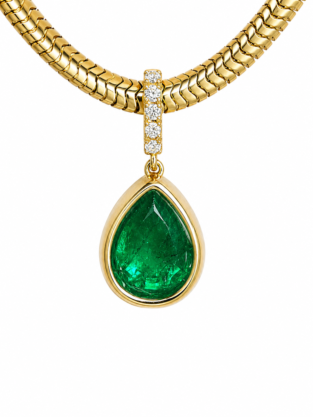 Signature pendant with diamond accented bail and emerald.